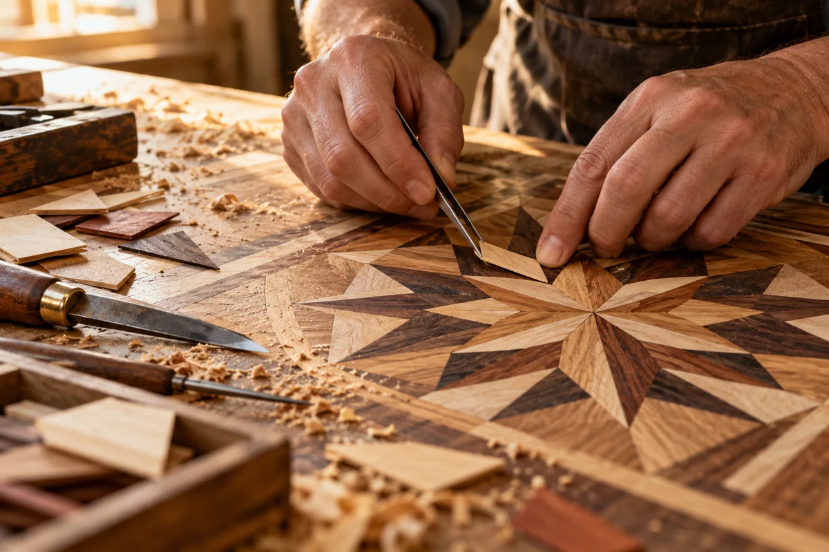 Immagine concettuale: lavorazione manuale di un intarsio in essenze di legno