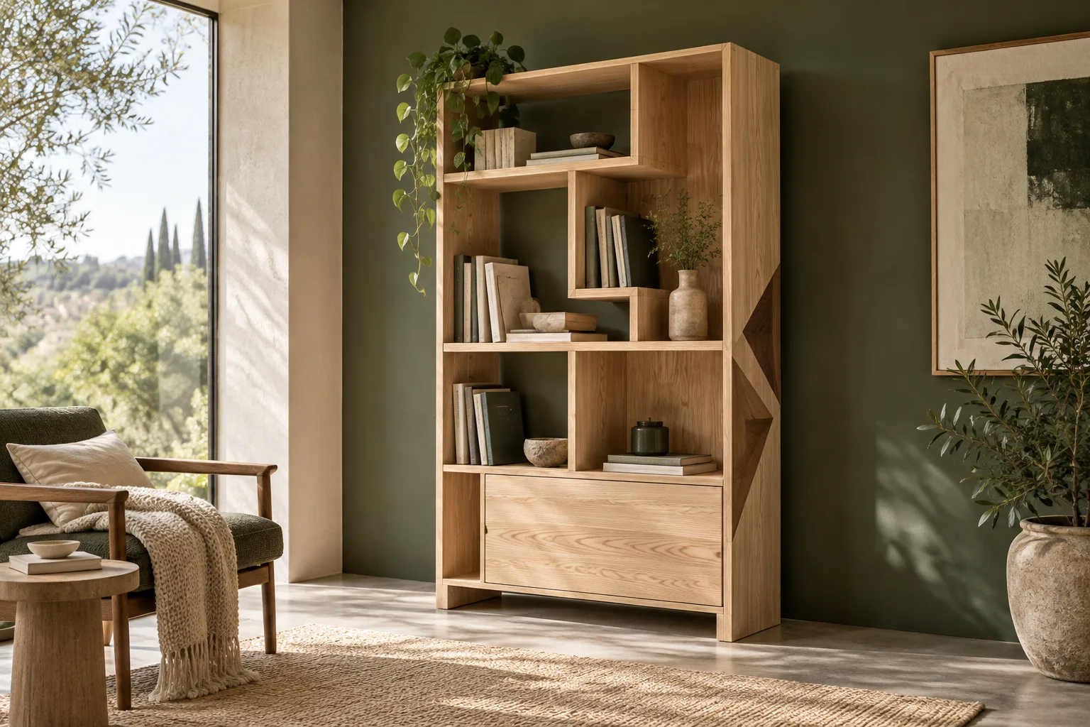 Visualizzazione concettuale della libreria modulare in frassino, con ripiani asimmetrici, vano chiuso e intarsio in noce