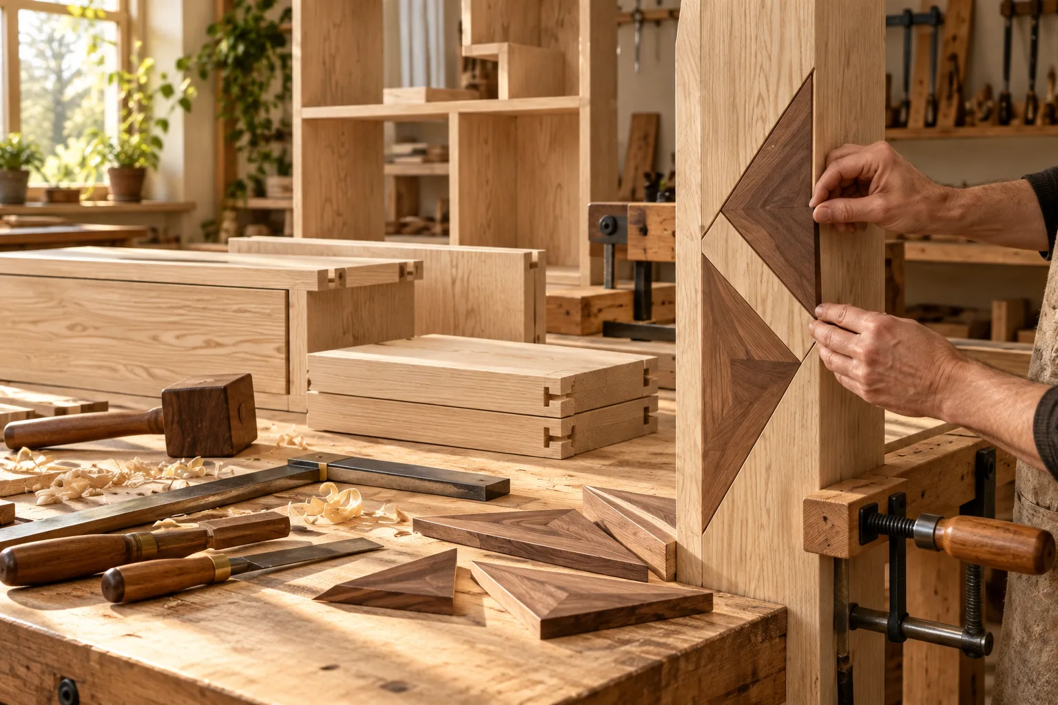 Visualizzazione concettuale: mani al lavoro sull'intarsio in noce della libreria, con elementi e utensili sul banco