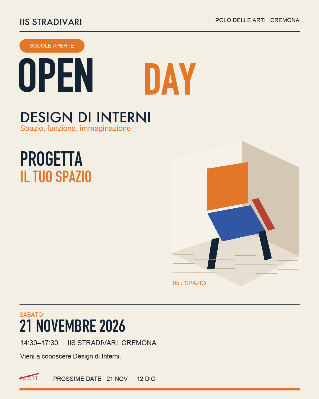 Poster Open Day Design di Interni: sabato 21 novembre 2026, ore 14:30–17:30, IIS Stradivari Cremona