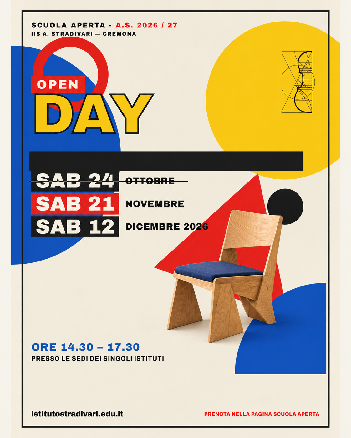 Poster Scuola Aperta 2026–27: Open Day sabato 21 novembre e 12 dicembre, ore 14:30–17:30, presso le sedi dei singoli istituti