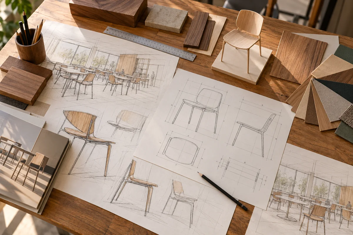 Immagine concettuale: schizzi di arredo, campioni di legno e modello in scala su un tavolo da lavoro
