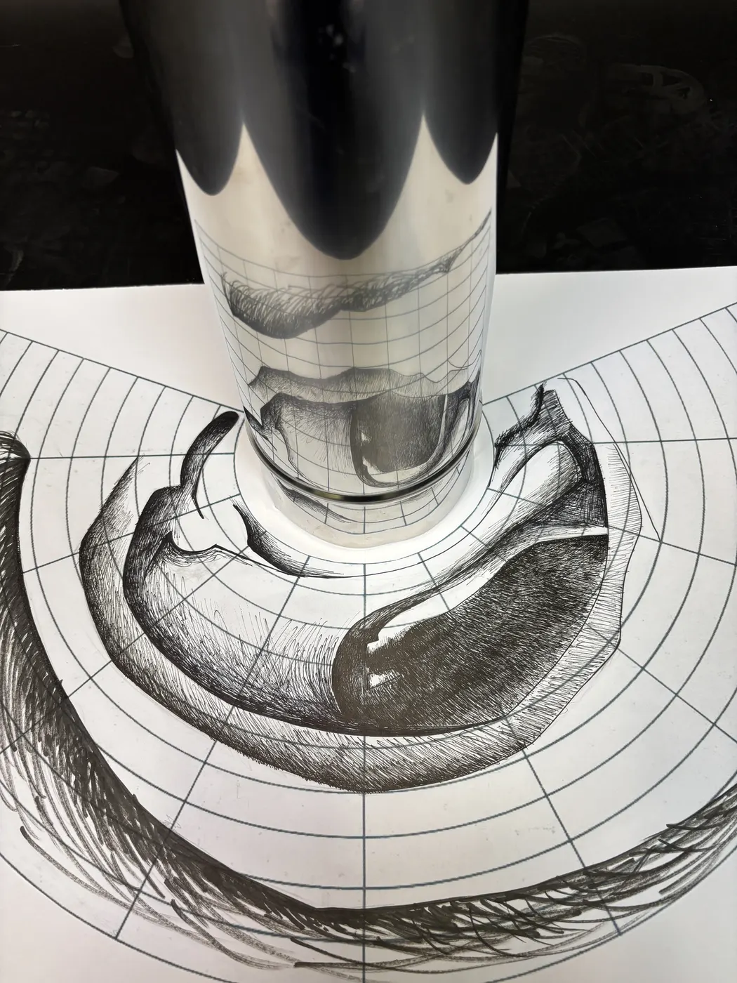 Anamorfosi cilindrica: disegno a china deformato che si ricompone in un volto riflesso su un cilindro specchiante
