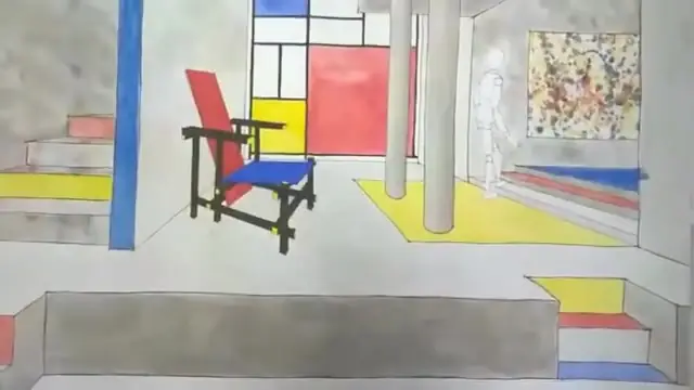 Progetto di interni con la sedia di Rietveld, disegno di uno studente